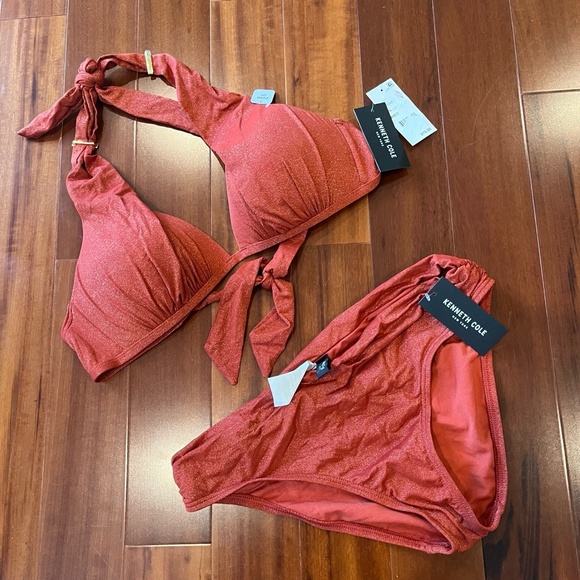 New NWT Kenneth‎ Cole Bikini Set Red Shine Push Up Two Piece Swim Sz M 36B / 36C